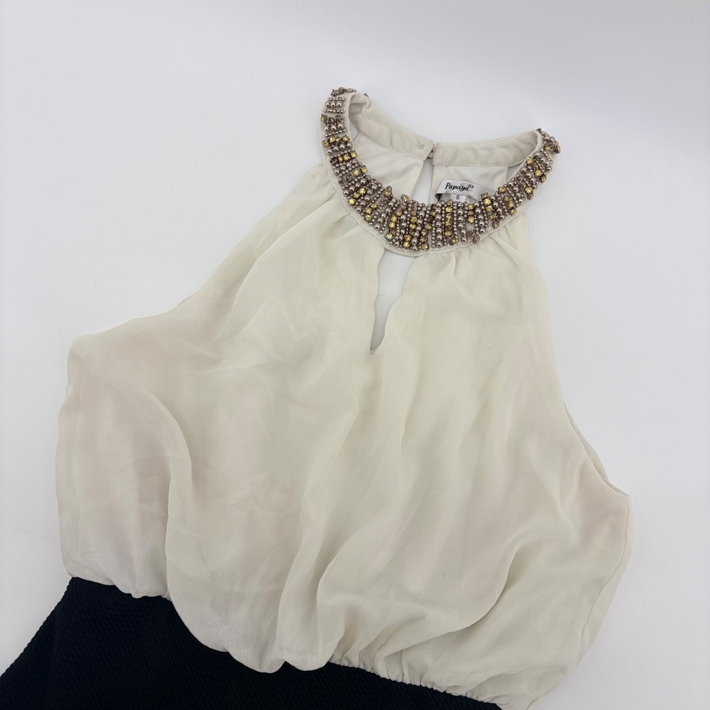 Papaya Mini Dress Women Small Cream Black Beaded‎ Halter Neck